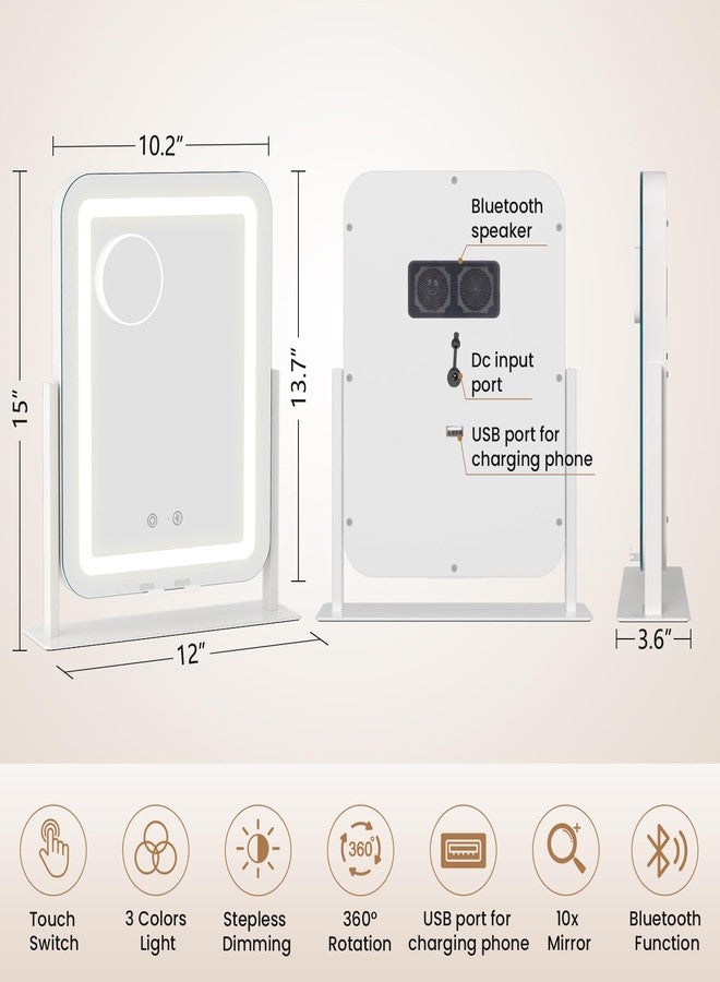 Dripex Lighted Makeup Mirror with Bluetooth Speaker & 12V 2A USB Charging Port, LED Vanity Mirror with Lights 3 Colors Dimmable, 15"x12" with Phone Holder Touch Keys 10X Magnification - Image 2